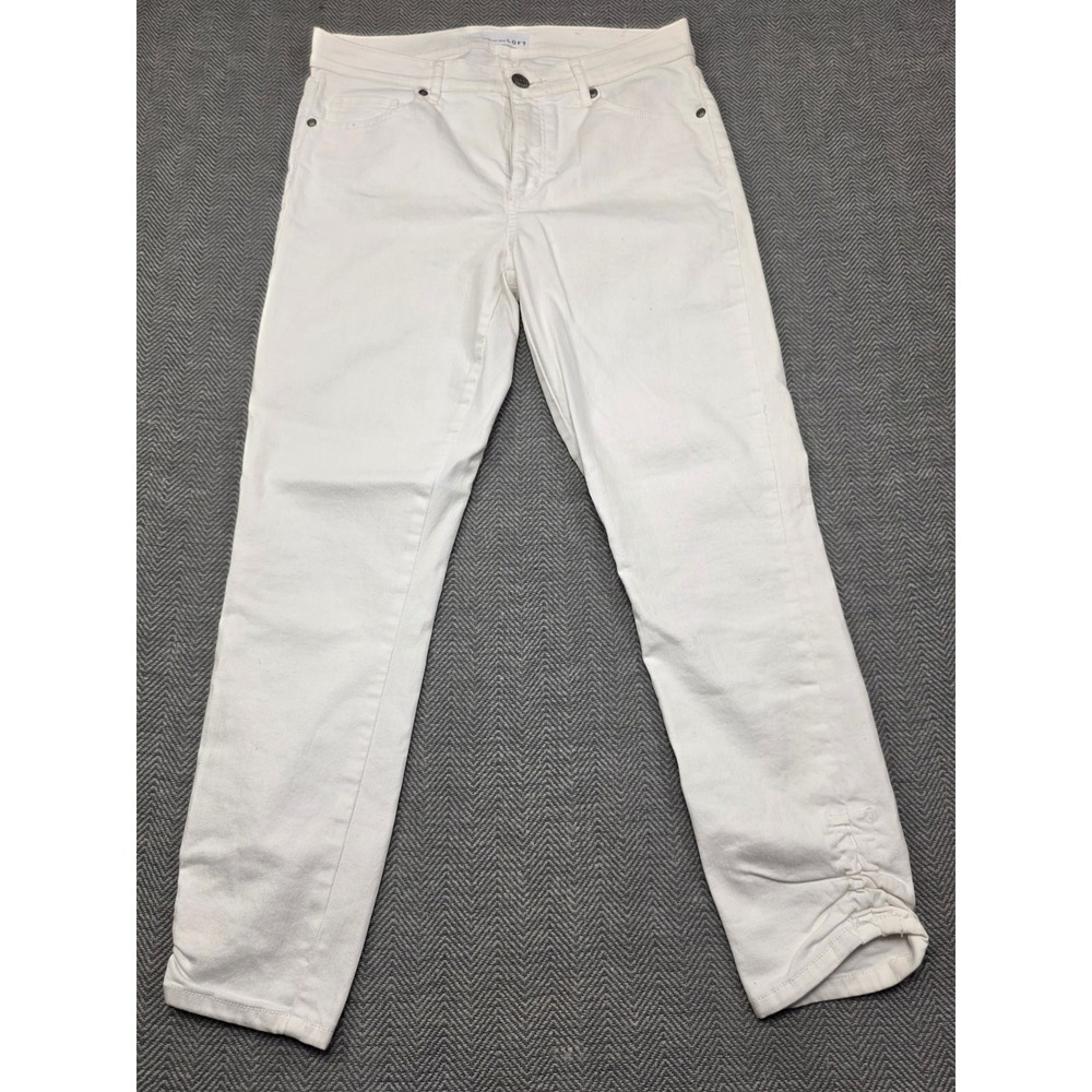 Loft Womens White Skinny Crop Jeans Size 29 8 Ruched Ankle Hem Slim Pocket Denim